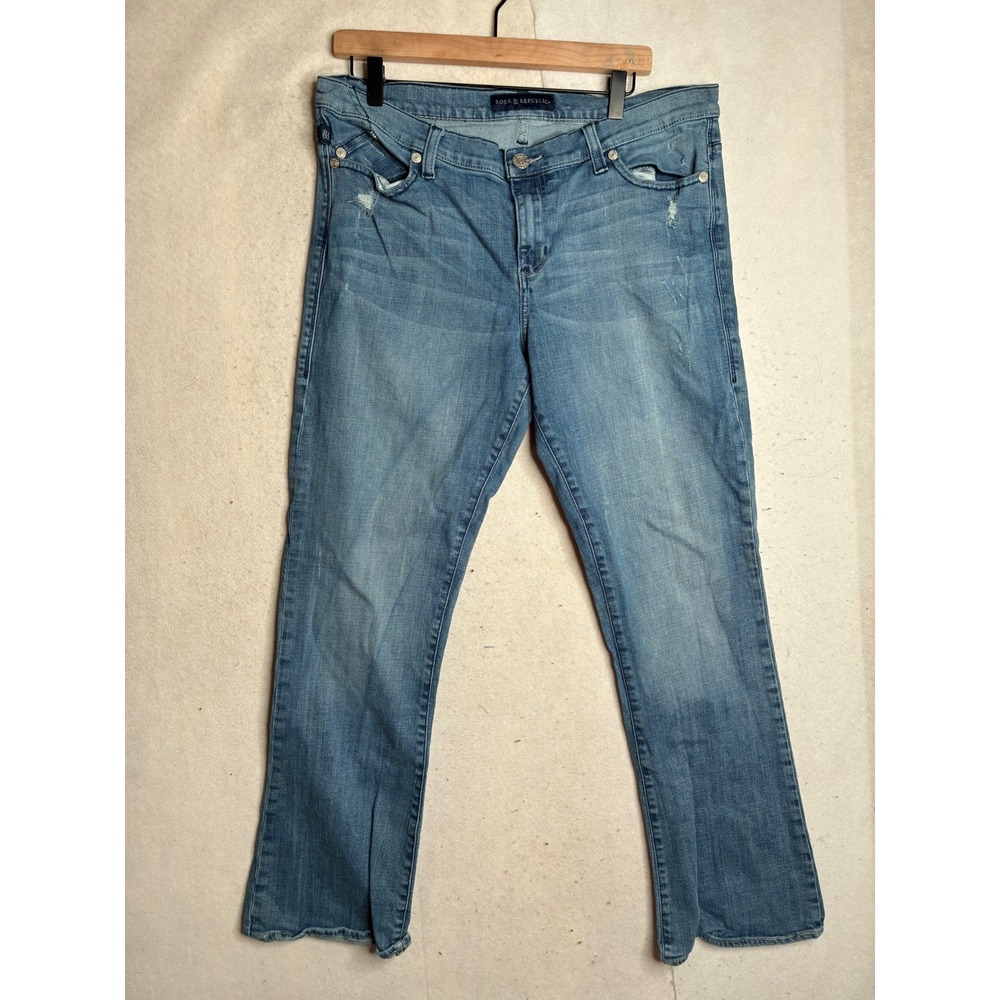 Rock & Republic Kasandra Bootcut Jeans Rhinestone Logo Medium Wash Womens 16M